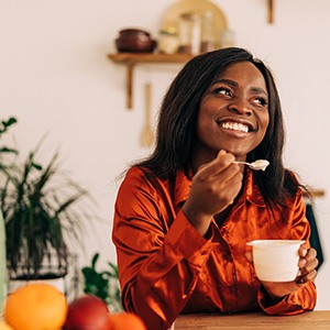 A bowl of soft foods recommended after dental implant surgery in Rocky River